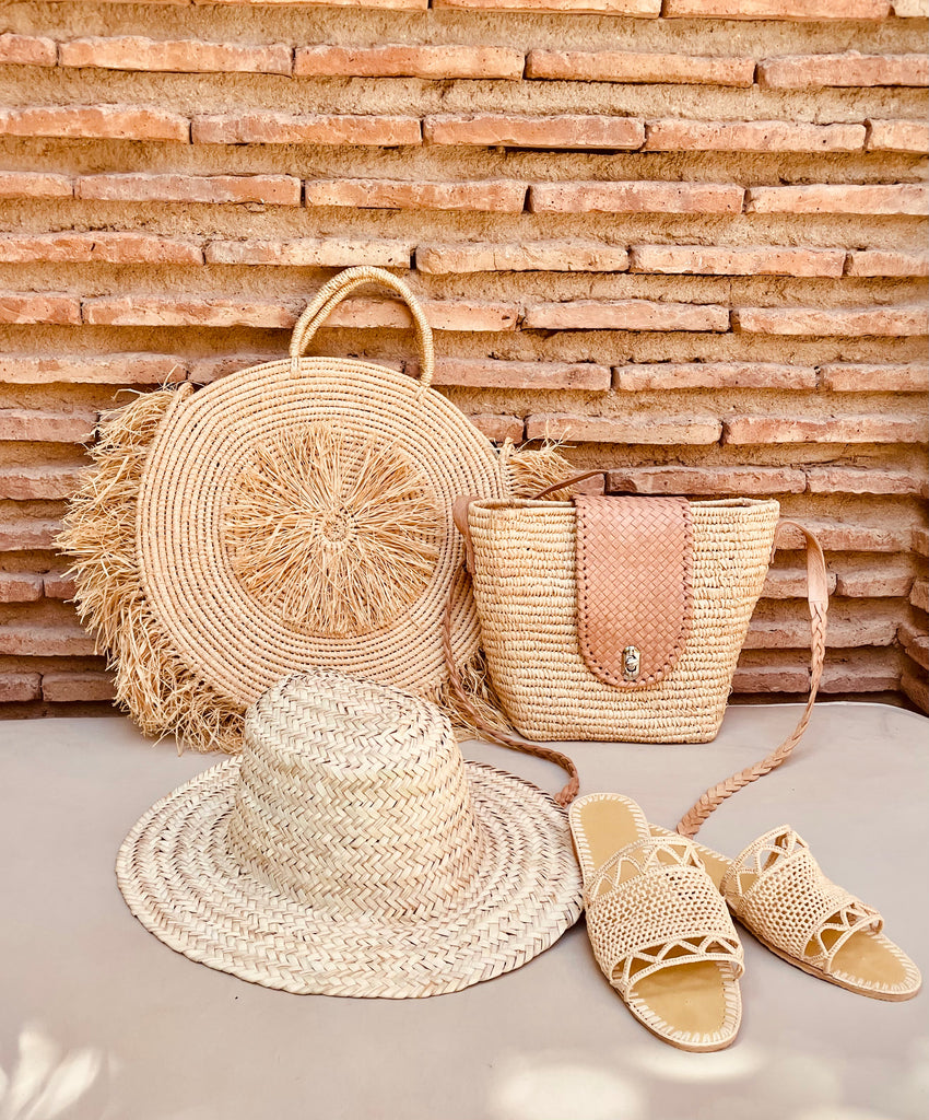 Handmade beach bag, summer shoes and hat, as shown in Baku swimware stores summer accessories 