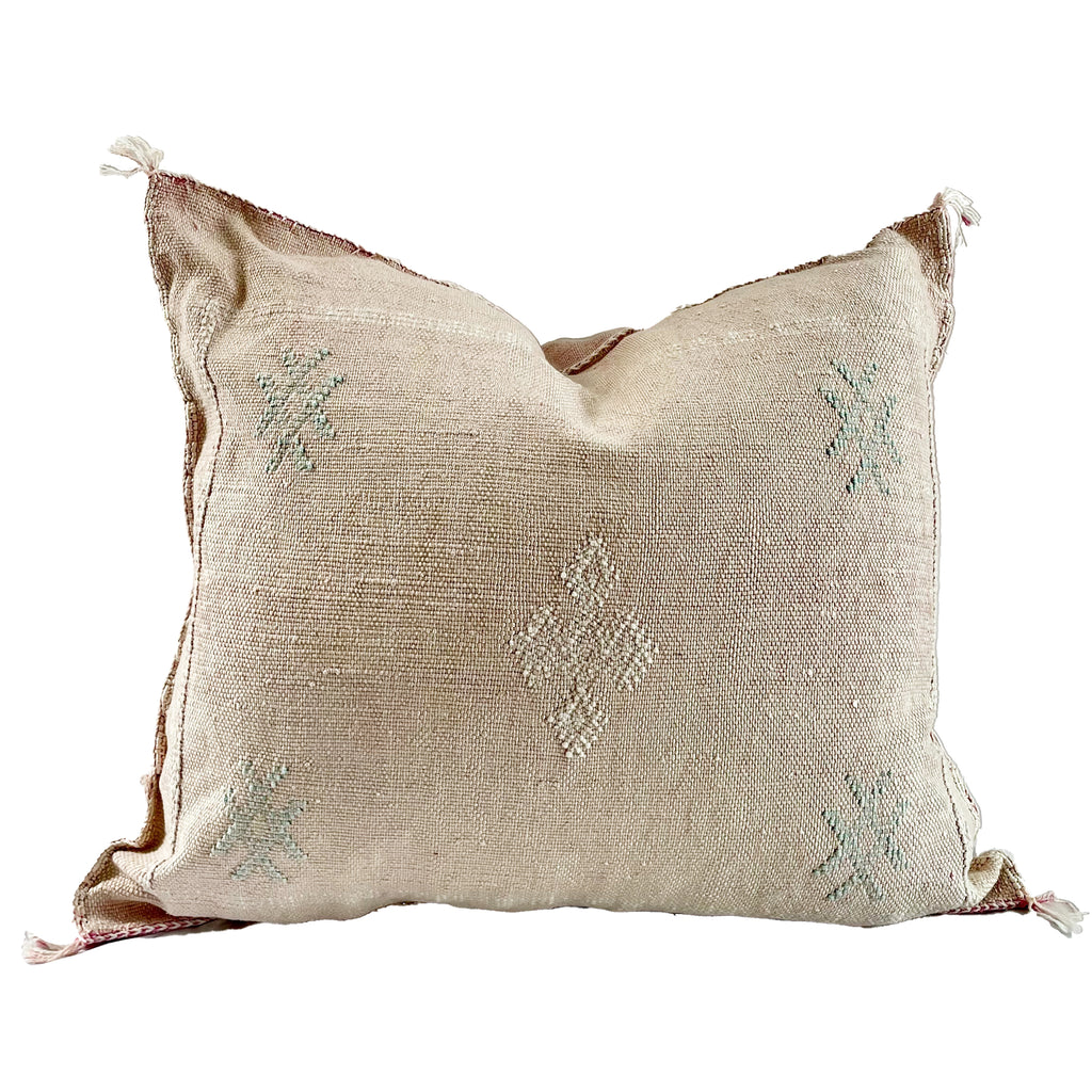 neutral colour square cactus silk cushion with light blue hand stiching details